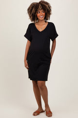 Three Little Tots Black Brushed Rolled Short Sleeve V-Neck Maternity Dress