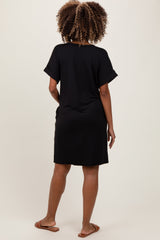 Three Little Tots Black Brushed Rolled Short Sleeve V-Neck Maternity Dress, additional product photo