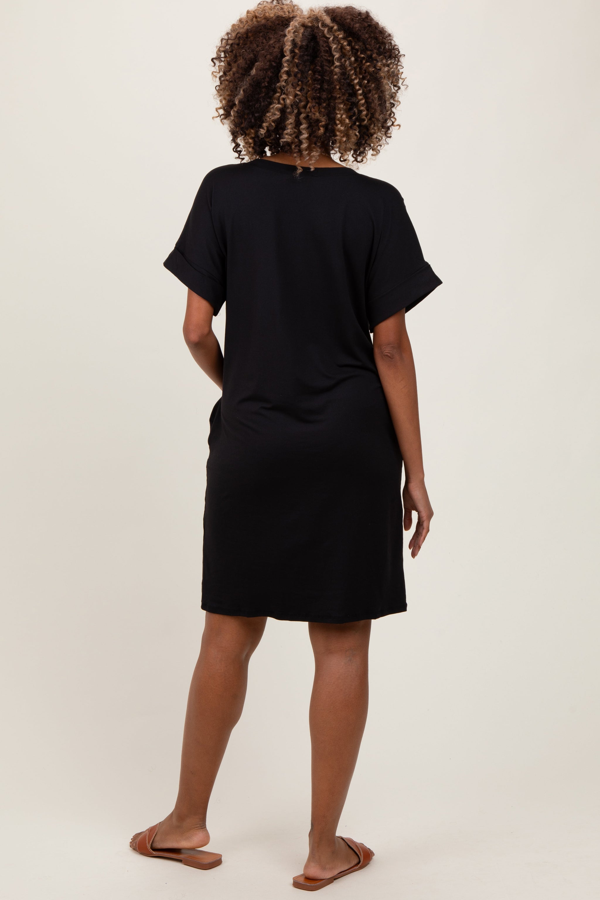 Three Little Tots Black Brushed Rolled Short Sleeve V-Neck Maternity Dress, additional product photo