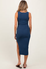 Three Little Tots Navy Ribbed Square Neck Side Slit Maternity Midi Dress, additional view