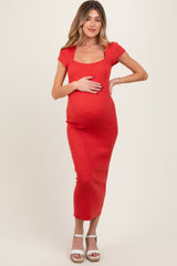 Three Little Tots Coral Knit Square Neck Fitted Maternity Midi Dress