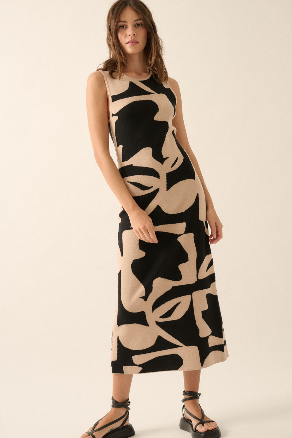 Three Little Tots Black Abstract Print Knit Sleeveless Maternity Midi Dress, additional view