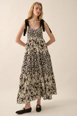 Three Little Tots Black Leaf Print Smocked Shoulder Tie Tiered Maternity Maxi Dress, additional view