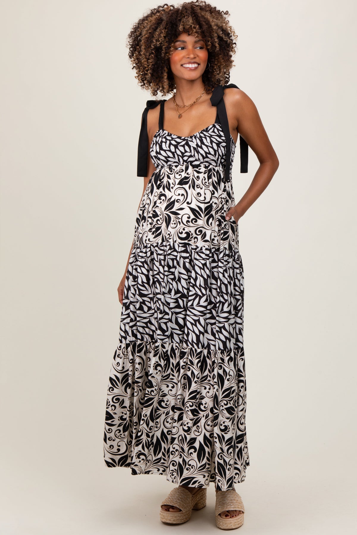 Three Little Tots Black Leaf Print Smocked Shoulder Tie Tiered Maternity Maxi Dress