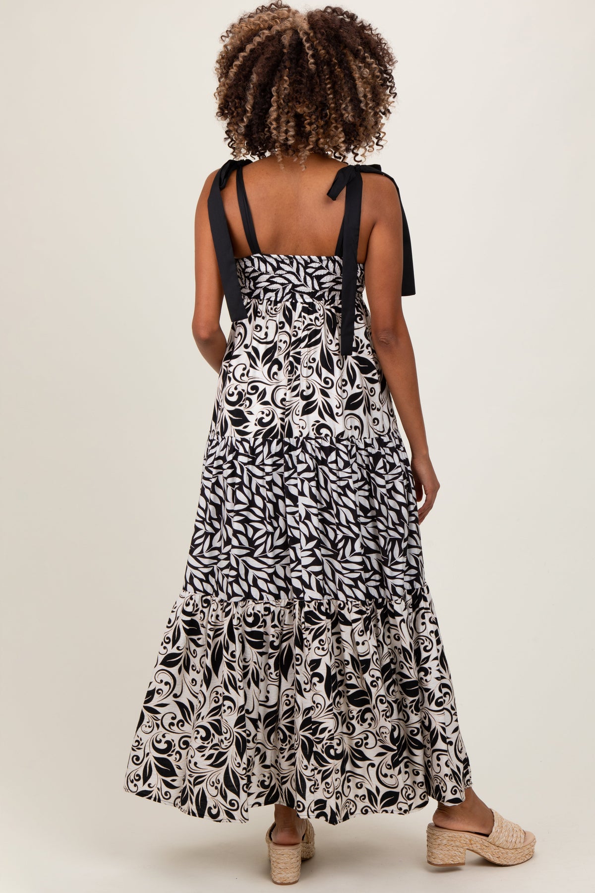 Three Little Tots Black Leaf Print Smocked Shoulder Tie Tiered Maternity Maxi Dress, alternate angle