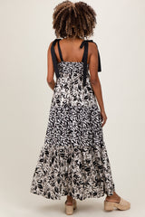 Three Little Tots Black Leaf Print Smocked Shoulder Tie Tiered Maternity Maxi Dress, alternate angle