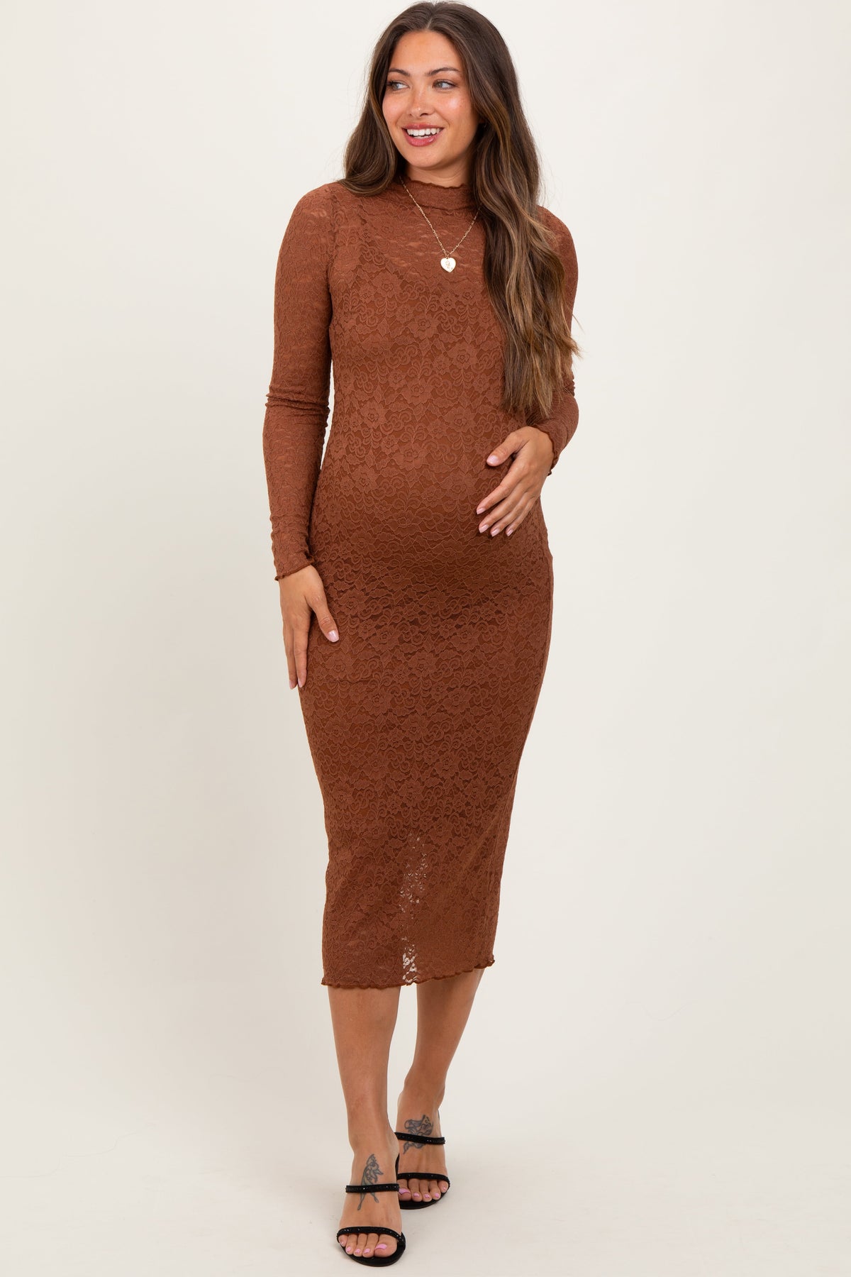 Three Little Tots Brown Lace Overlay Long Sleeve Fitted Maternity Midi Dress