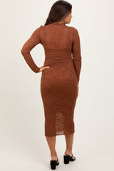 Three Little Tots Brown Lace Overlay Long Sleeve Fitted Maternity Midi Dress, additional view