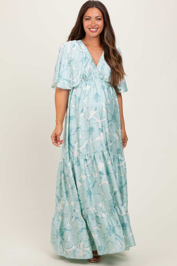 Sage Floral Short Sleeve Deep V-Neck Tiered Maternity Maxi Dress