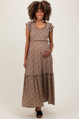 Three Little Tots Mocha Leopard Print Ruffle Sleeve Tiered Maternity Maxi Dress, additional product photo