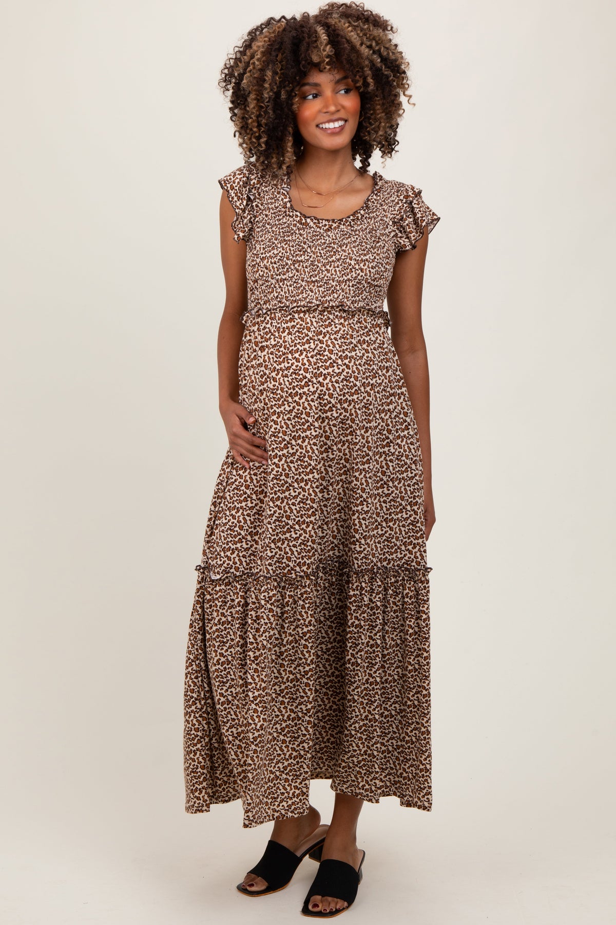 Three Little Tots Mocha Leopard Print Ruffle Sleeve Tiered Maternity Maxi Dress