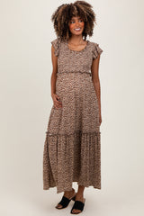 Three Little Tots Mocha Leopard Print Ruffle Sleeve Tiered Maternity Maxi Dress