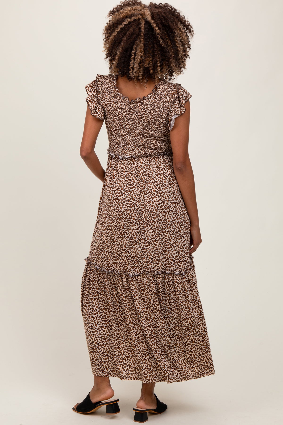 Three Little Tots Mocha Leopard Print Ruffle Sleeve Tiered Maternity Maxi Dress, alternate angle