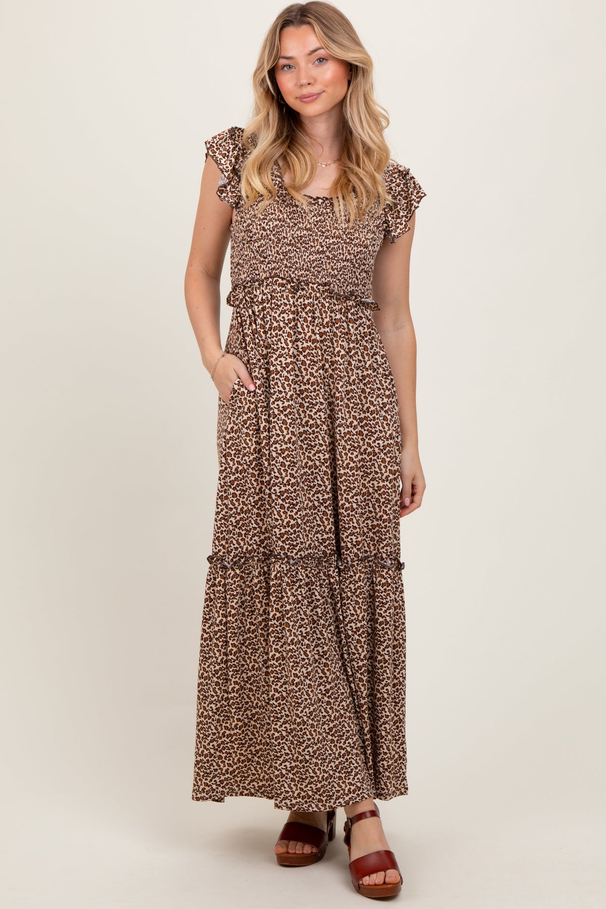 Three Little Tots Mocha Leopard Print Ruffle Sleeve Tiered Maternity Maxi Dress, additional view