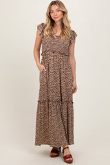 Three Little Tots Mocha Leopard Print Ruffle Sleeve Tiered Maternity Maxi Dress, additional view