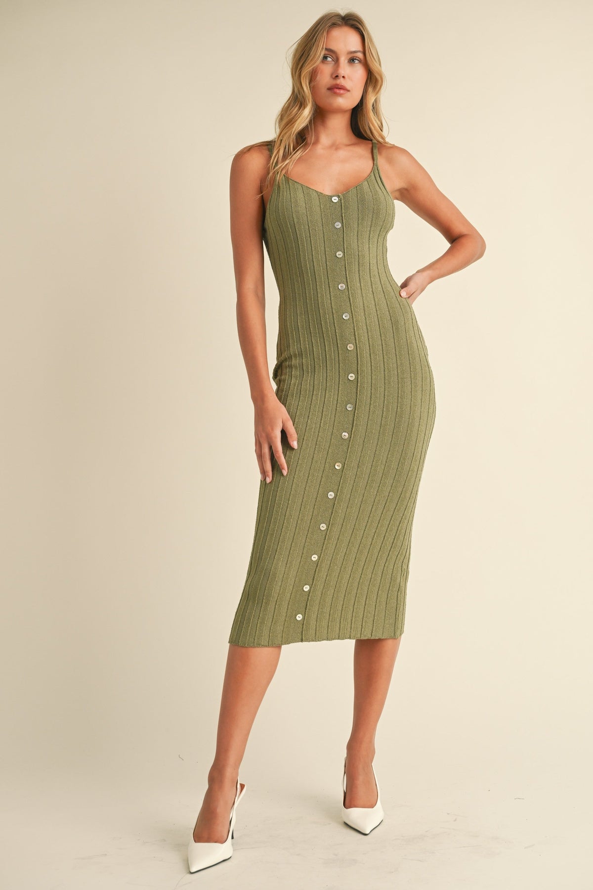Three Little Tots Olive Sleeveless Button Accent Knit Maternity Midi Dress, additional view