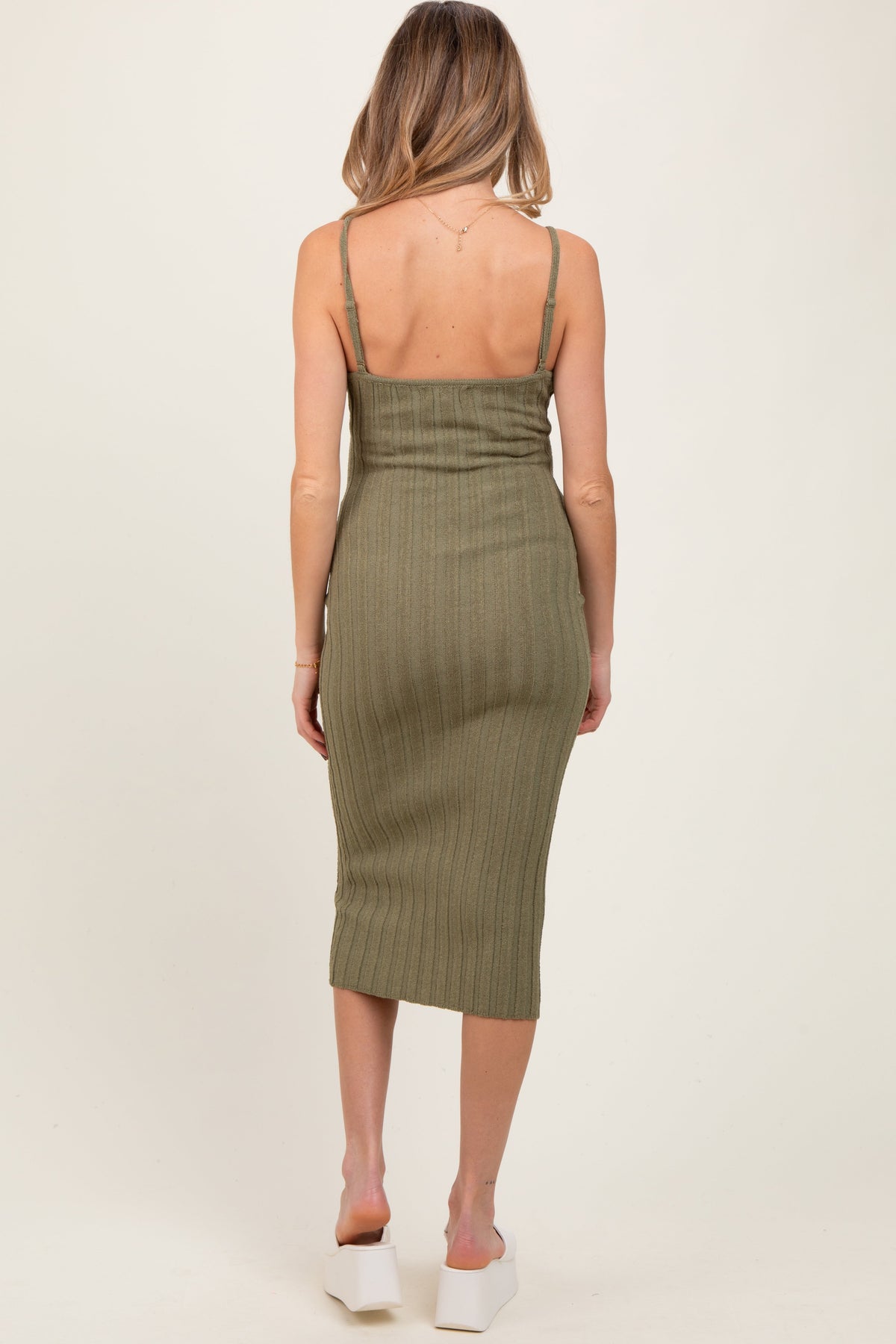 Three Little Tots Olive Sleeveless Button Accent Knit Maternity Midi Dress, alternate angle