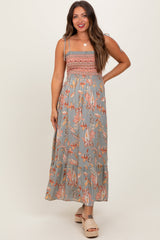Three Little Tots Olive Paisley Shoulder Tie Smocked Maternity Maxi Dress, additional product photo