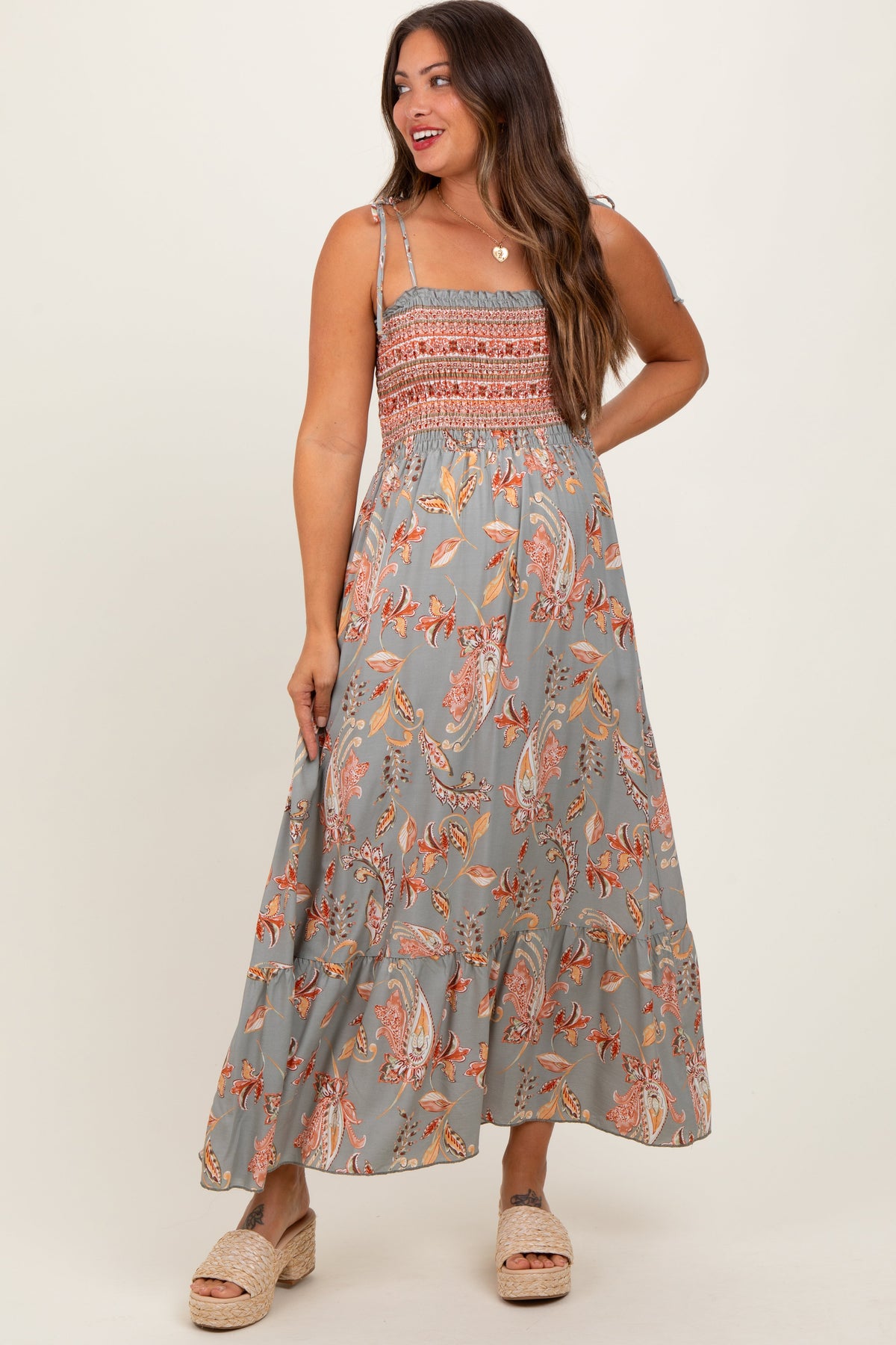 Three Little Tots Olive Paisley Shoulder Tie Smocked Maternity Maxi Dress