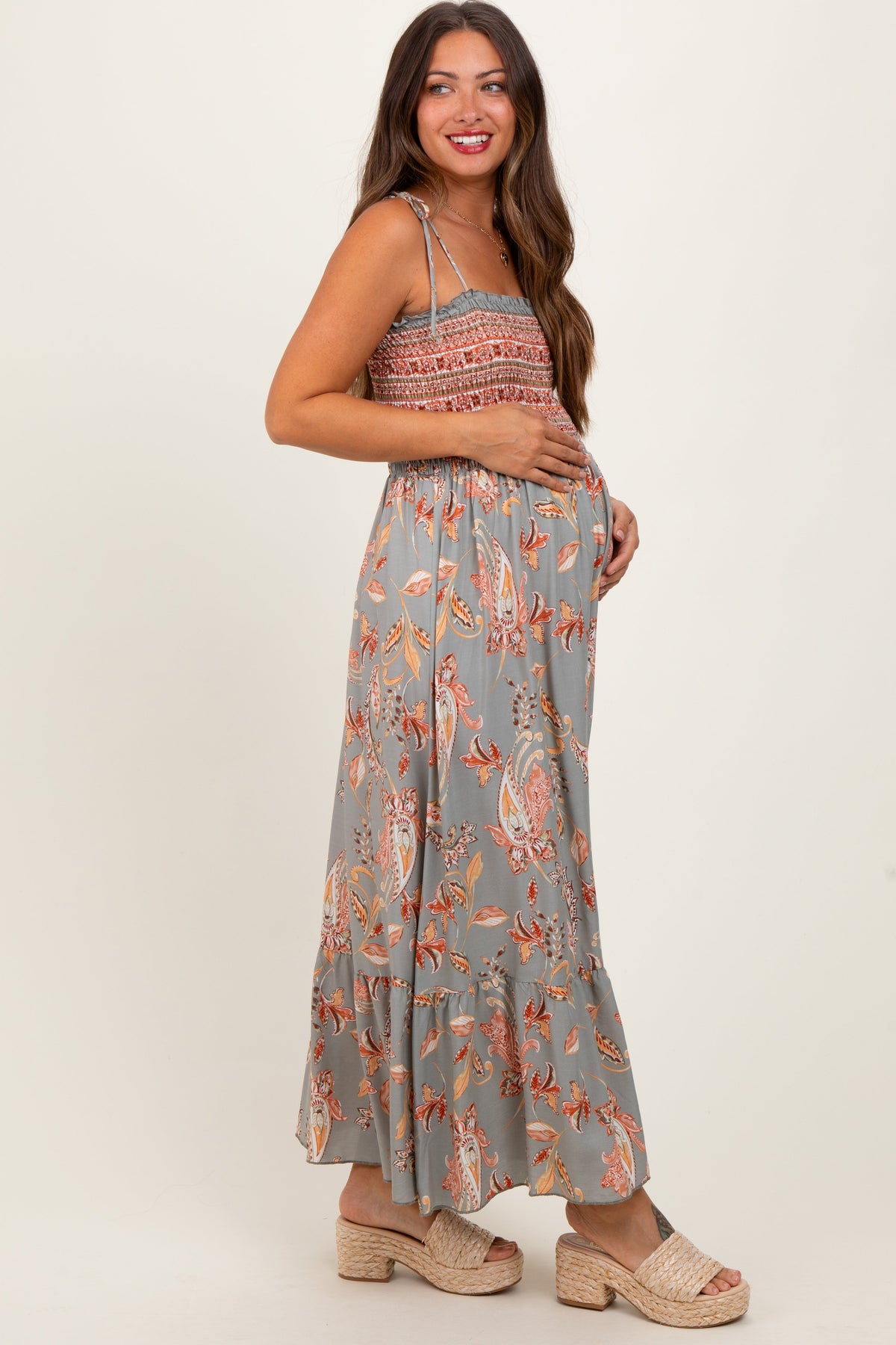 Three Little Tots Olive Paisley Shoulder Tie Smocked Maternity Maxi Dress, alternate angle