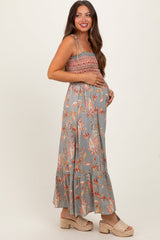 Three Little Tots Olive Paisley Shoulder Tie Smocked Maternity Maxi Dress, alternate angle