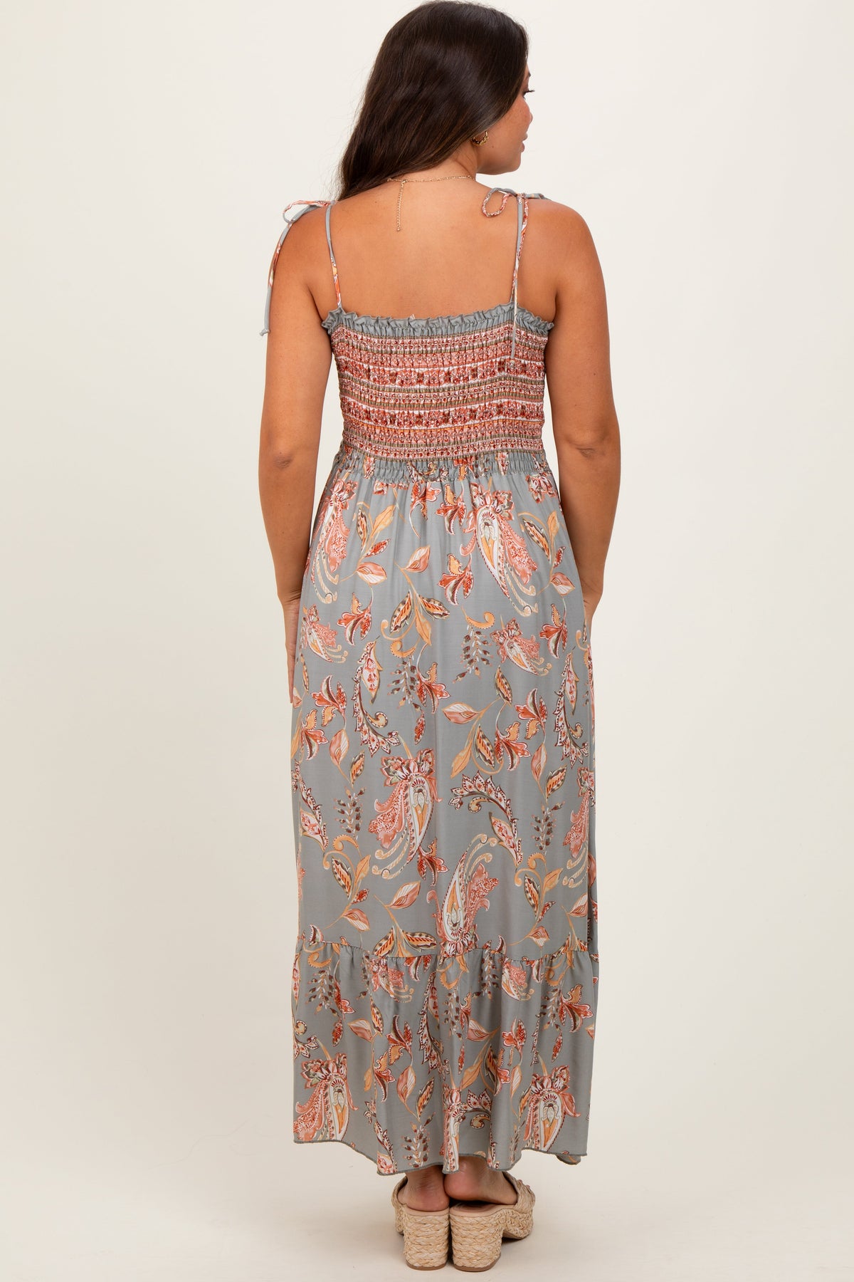 Three Little Tots Olive Paisley Shoulder Tie Smocked Maternity Maxi Dress, additional view