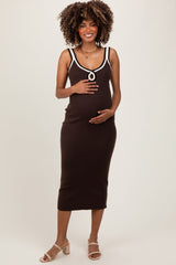 Three Little Tots Brown Knit Key Hole Detail Low Back Maternity Midi Dress