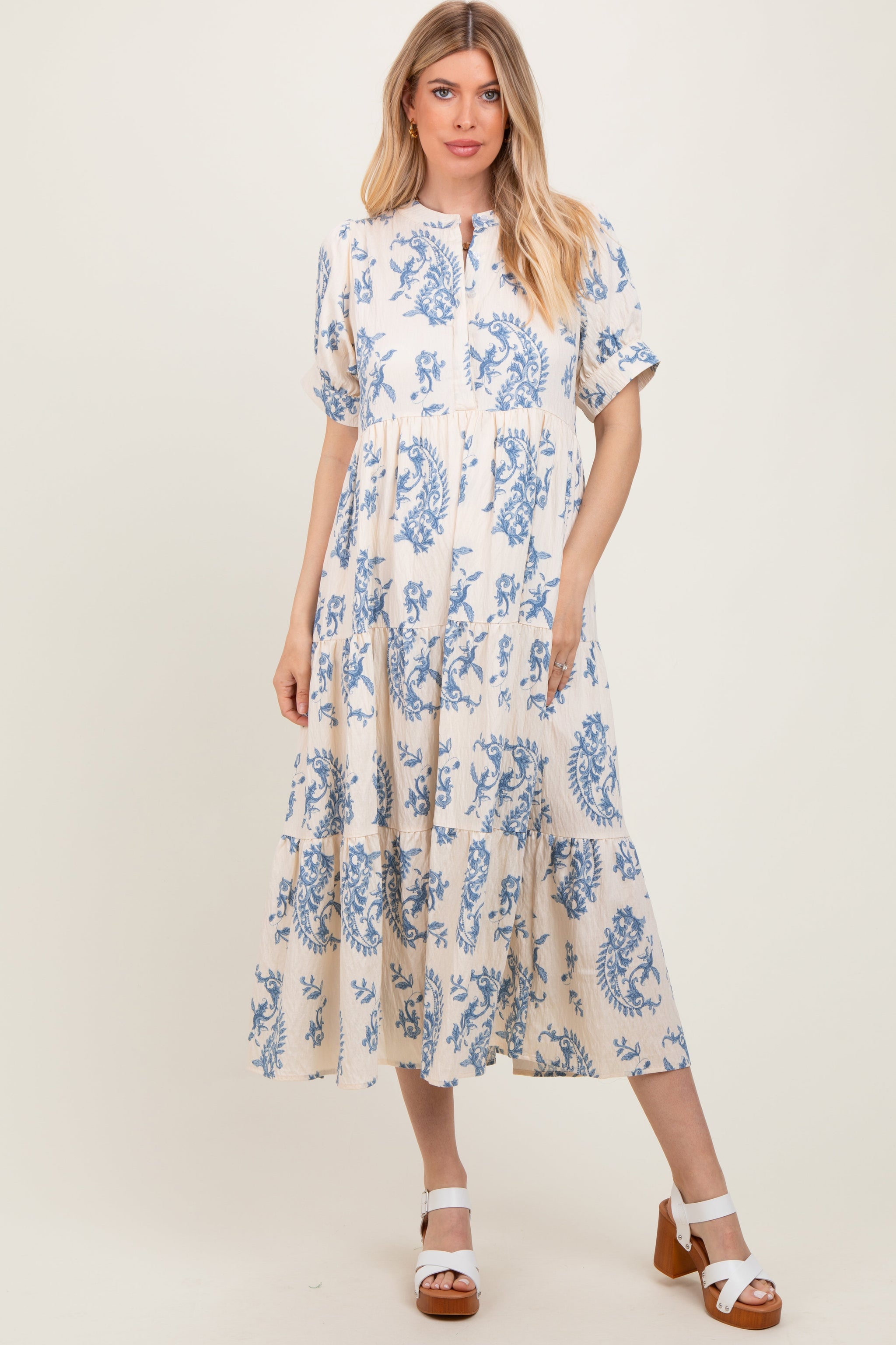 Three Little Tots Blue Paisley Button Up Tiered Maternity Maxi Dress, alternate angle