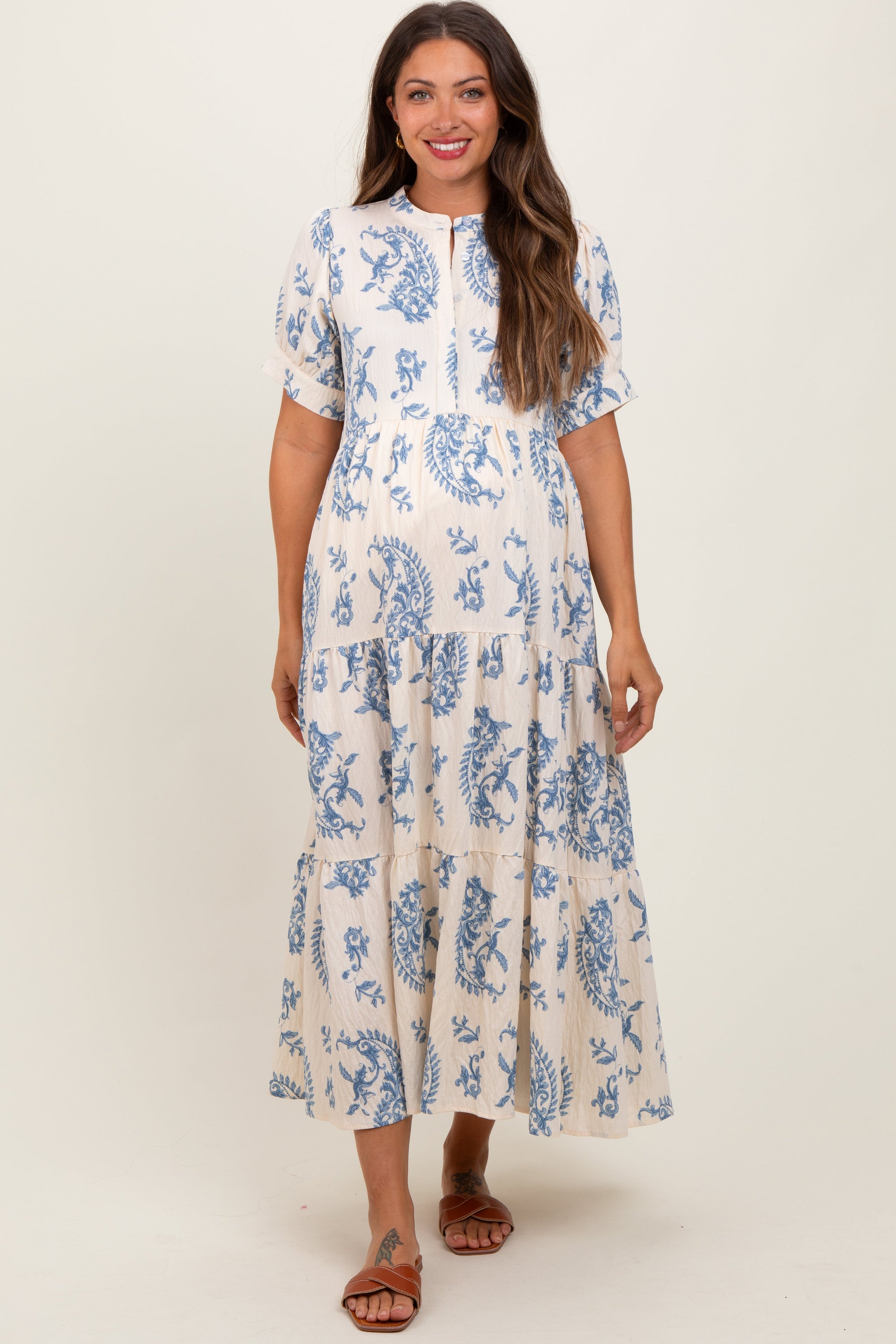 Three Little Tots Blue Paisley Button Up Tiered Maternity Maxi Dress