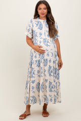 Three Little Tots Blue Paisley Button Up Tiered Maternity Maxi Dress, additional product photo