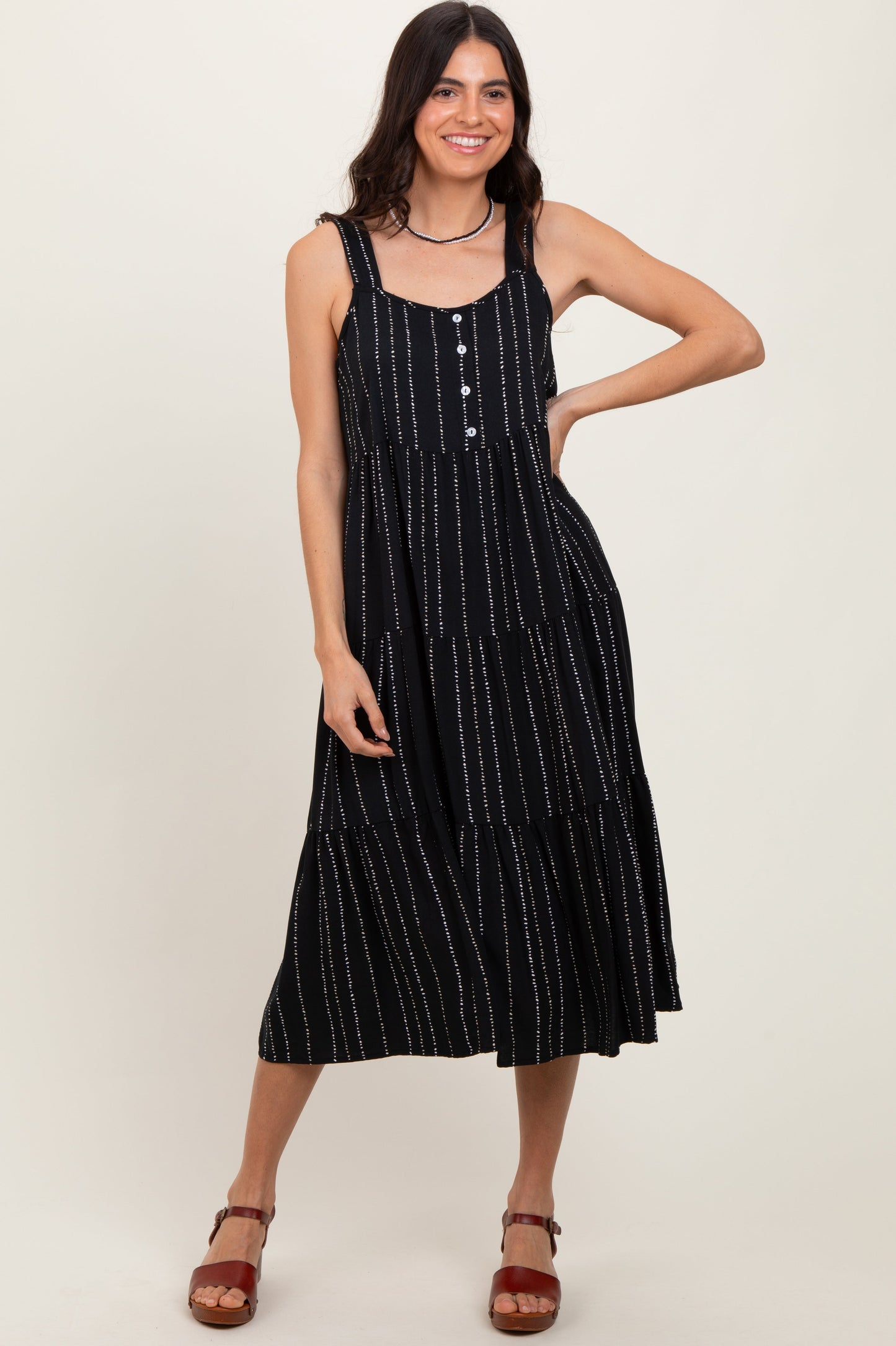 Three Little Tots Black Dot Stripe Tiered Maternity Midi Dress, additional view