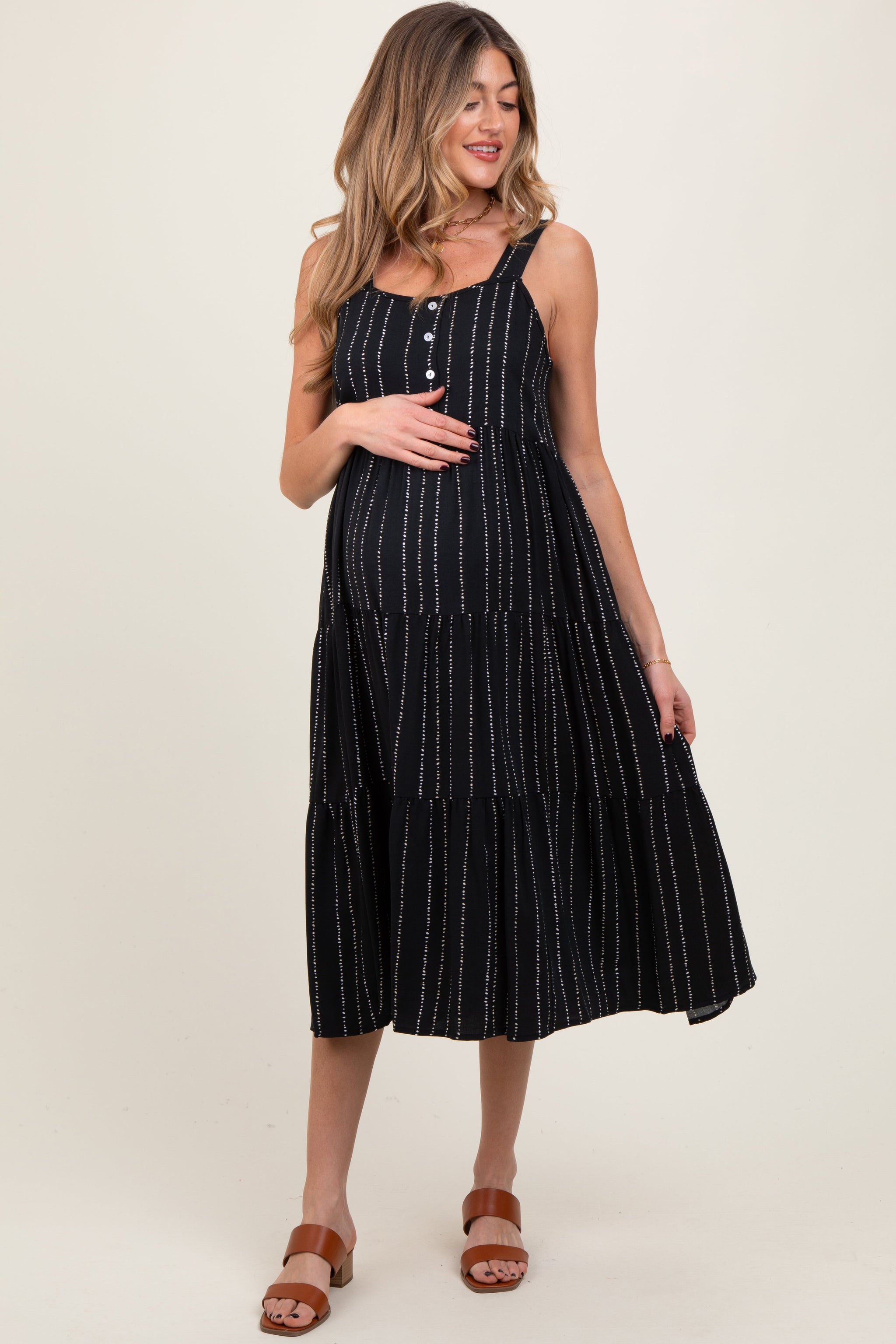 Three Little Tots Black Dot Stripe Tiered Maternity Midi Dress