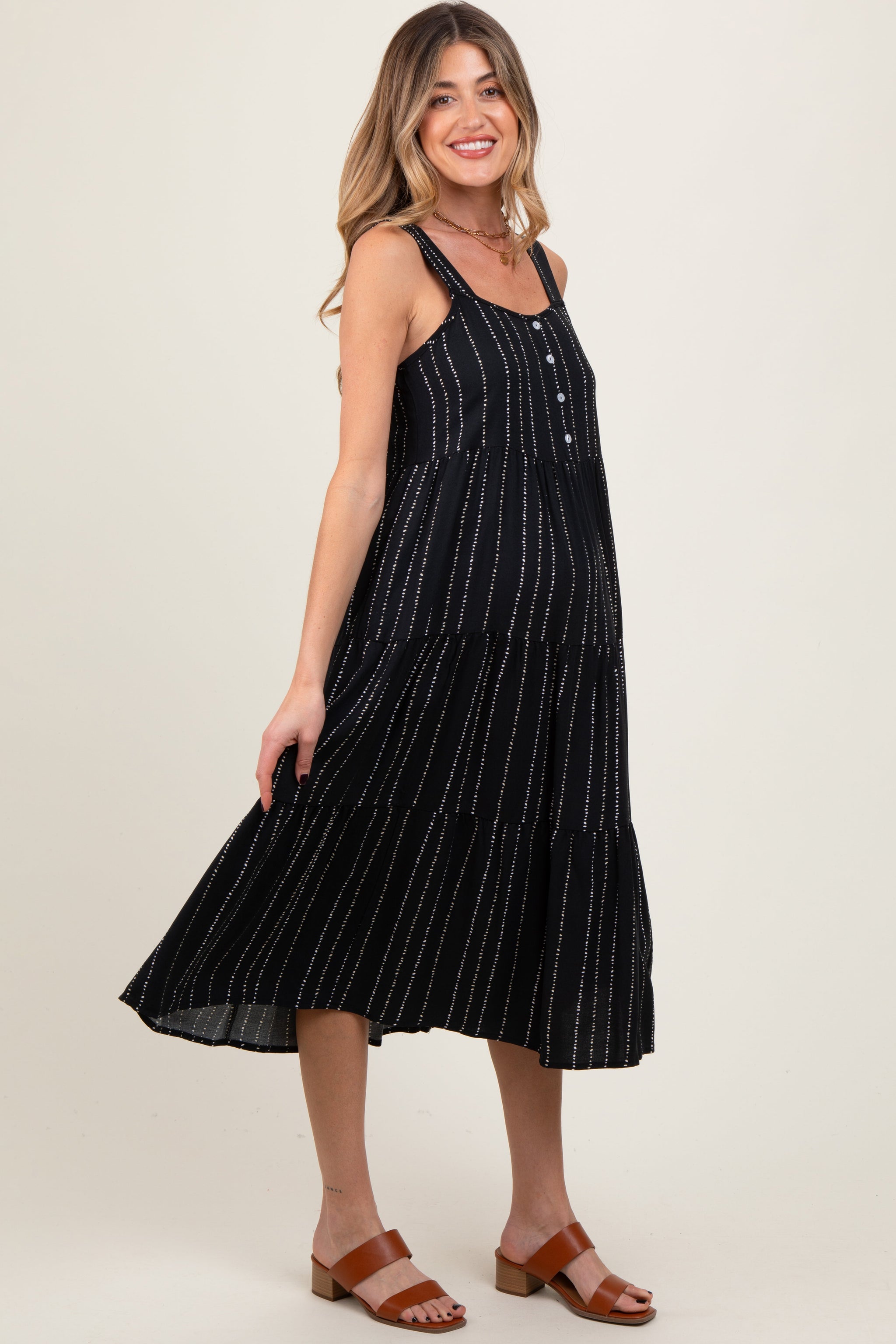 Three Little Tots Black Dot Stripe Tiered Maternity Midi Dress, additional product photo