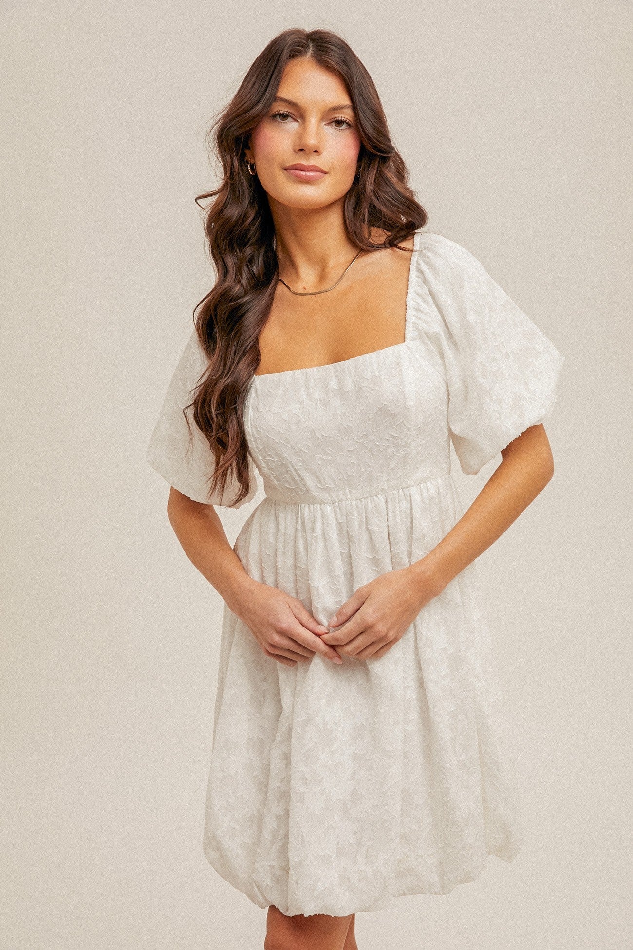 Three Little Tots White Chiffon Jacquard Print Square Neck Maternity Bubble Dress, extra product detail