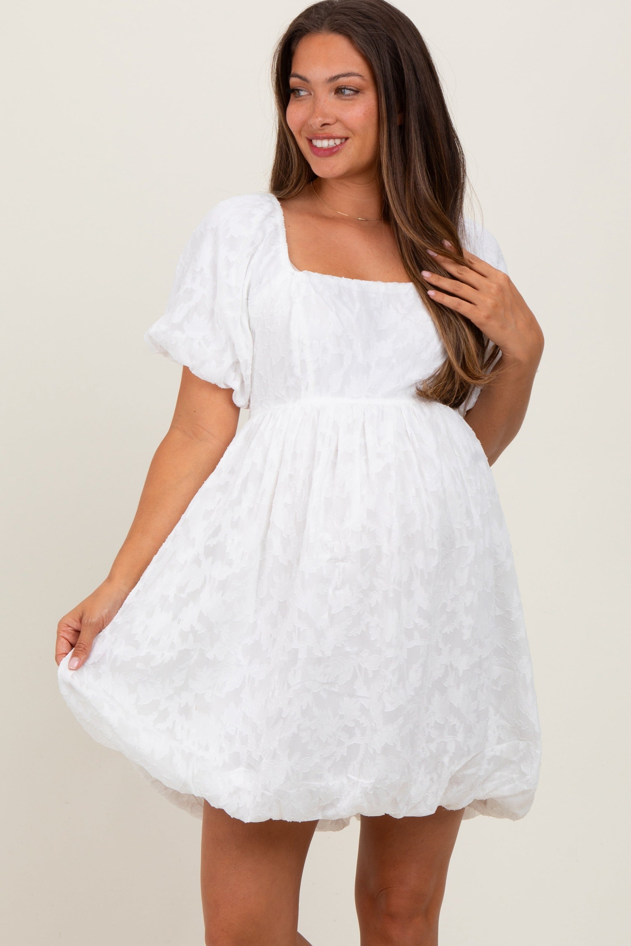Three Little Tots White Chiffon Jacquard Print Square Neck Maternity Bubble Dress