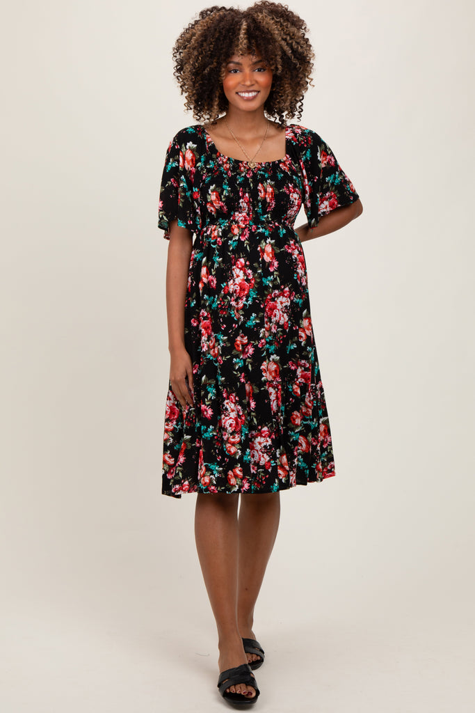 Black Floral Smocked Maternity Midi Dress