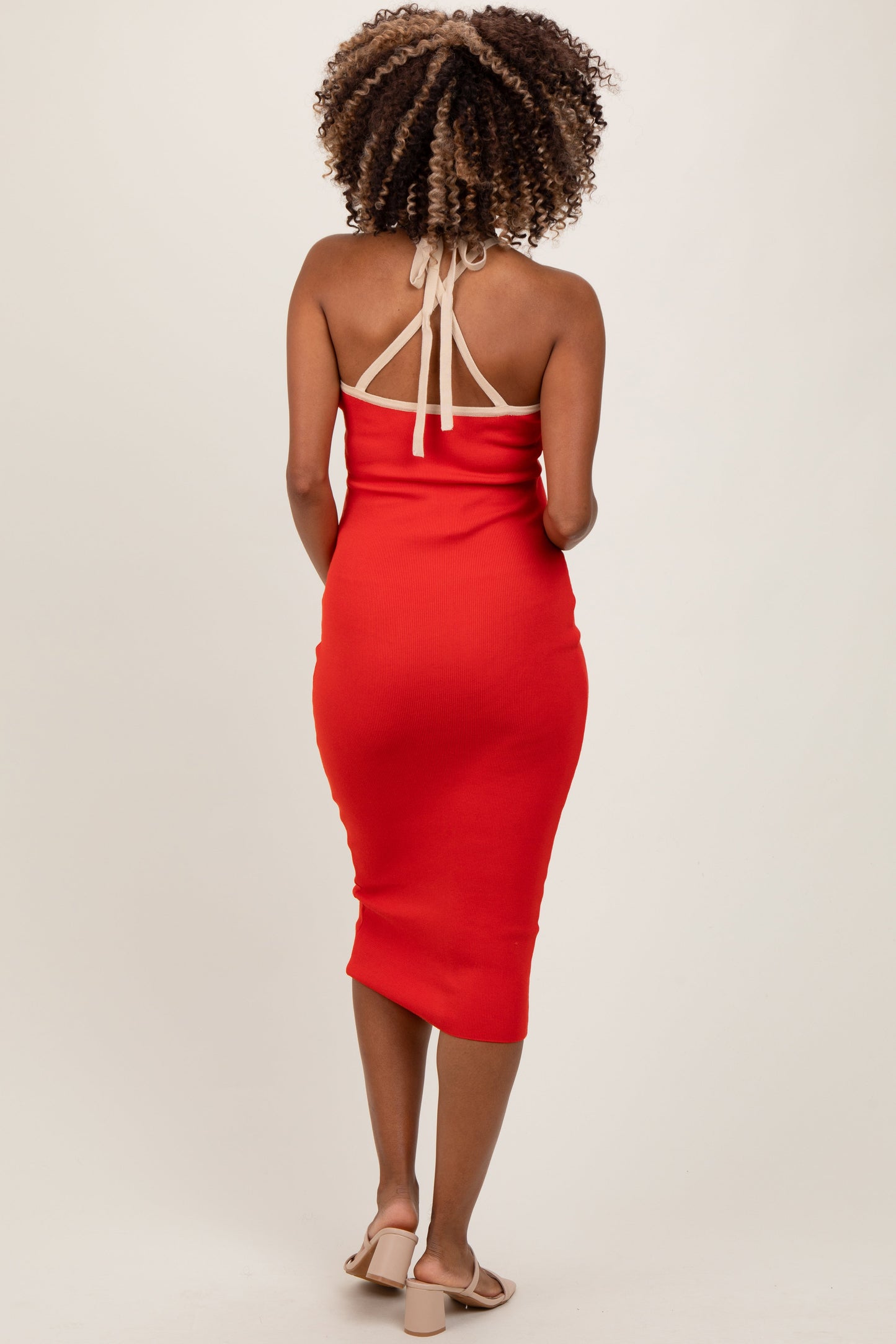 Three Little Tots Red Contrast Trim Keyhole Cutout Maternity Midi Dress, alternate angle
