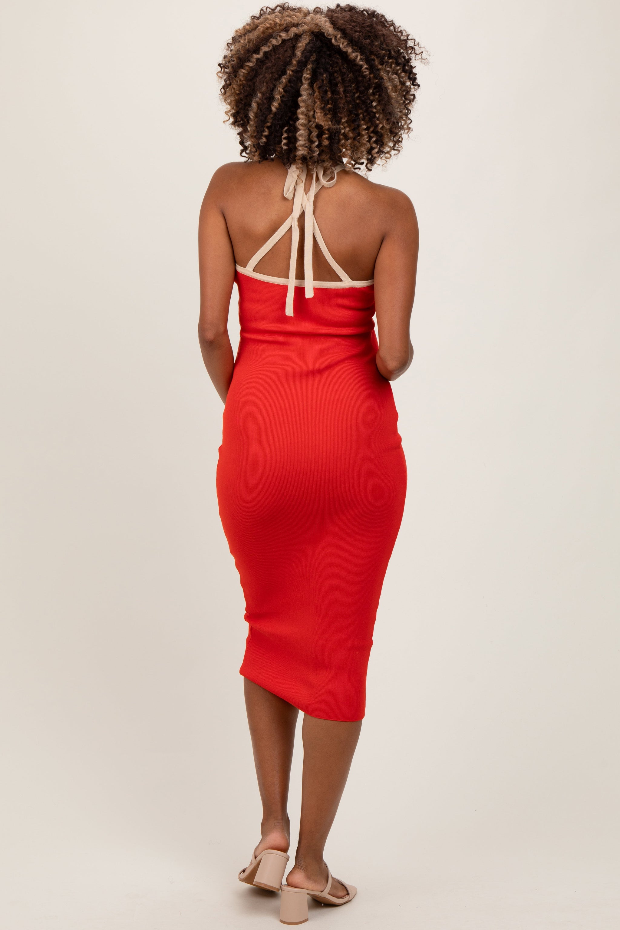 Three Little Tots Red Contrast Trim Keyhole Cutout Maternity Midi Dress, alternate angle