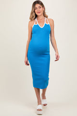 Three Little Tots Aqua Contrast Trim Keyhole Cutout Maternity Midi Dress