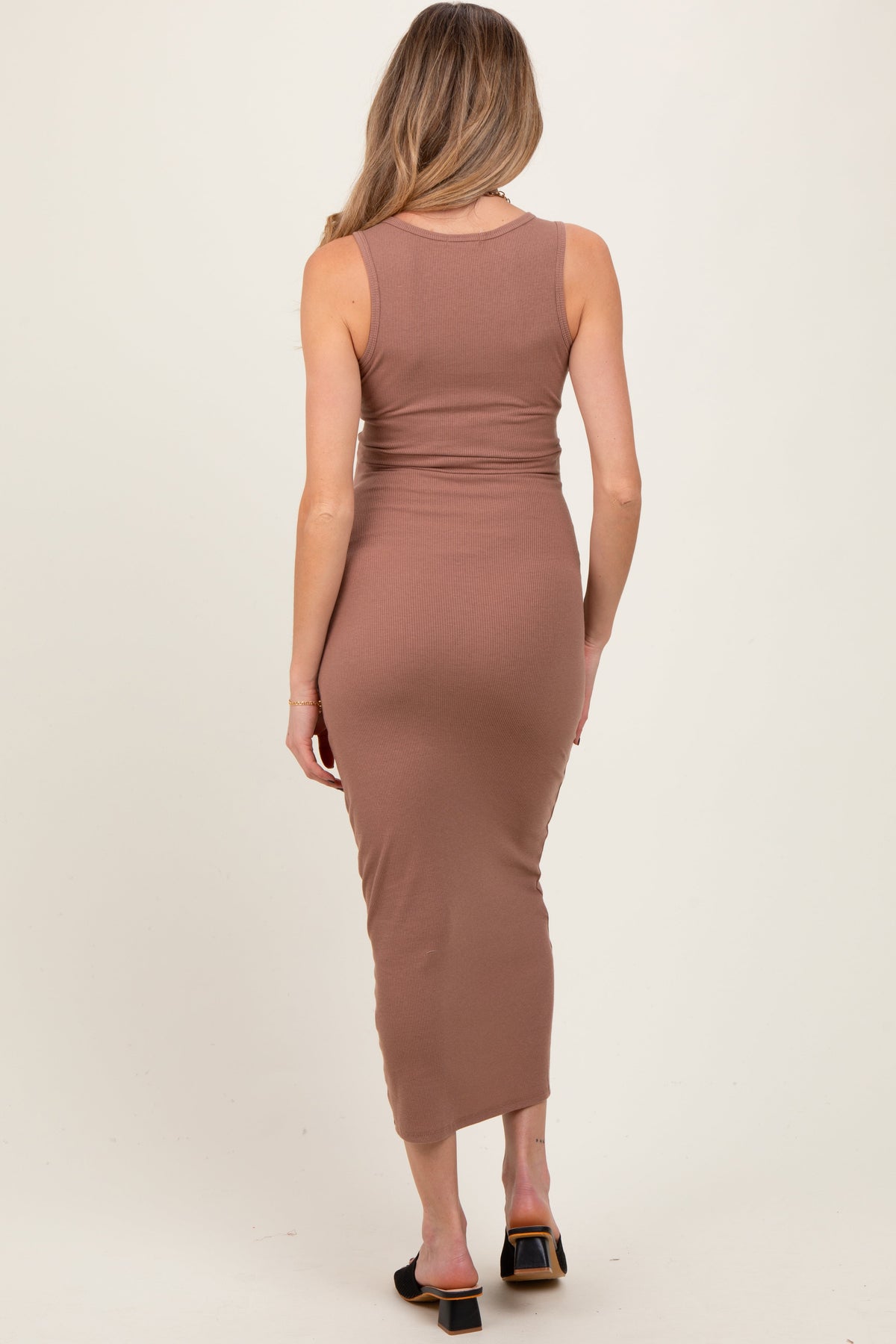 Three Little Tots Taupe V-Neck Tank Maternity Maxi Dress, alternate angle