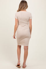 Three Little Tots Beige Ribbed Knit Short Sleeve Maternity Dress, additional view