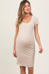 Three Little Tots Beige Ribbed Knit Short Sleeve Maternity Dress, additional product photo