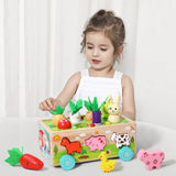 Three Little Tots Wooden Farm Animal Car Pulling Radishes Bug Catching Educational Toy, in Happy Farm Animal Car