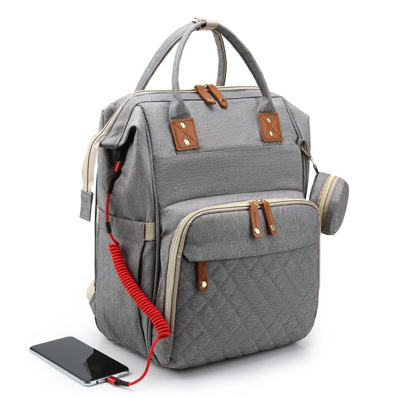 Three Little Tots New Mommy Backpack Can Hang Baby Stroller Baby Bag Folding Crib Mommy Bag, in Dark gray