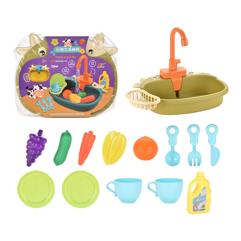 Three Little Tots Children's Play House Electric Recirculating Water Kitchen Simulation Sink, in Army Green
