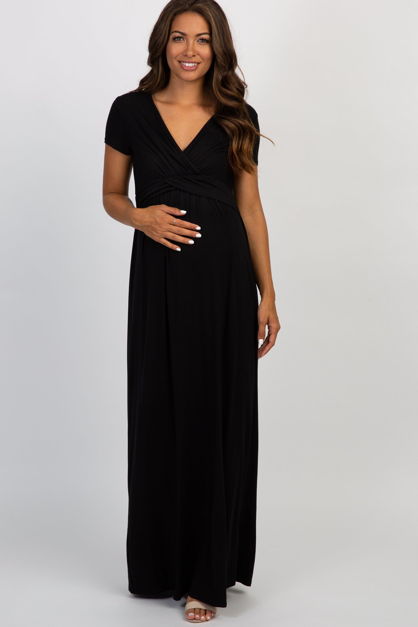 Three Little Tots PinkBlush Petite Black Draped Maternity Nursing Maxi Dress