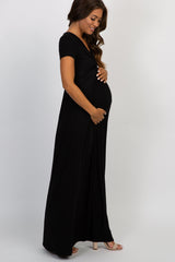 Three Little Tots PinkBlush Petite Black Draped Maternity Nursing Maxi Dress, additional product photo
