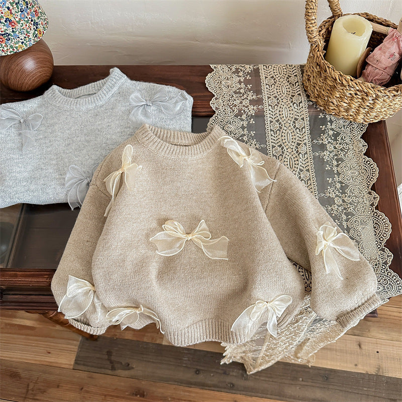 Three Little Tots Girl's Sweater Fashion Children's Bow Knitwear, in Khaki