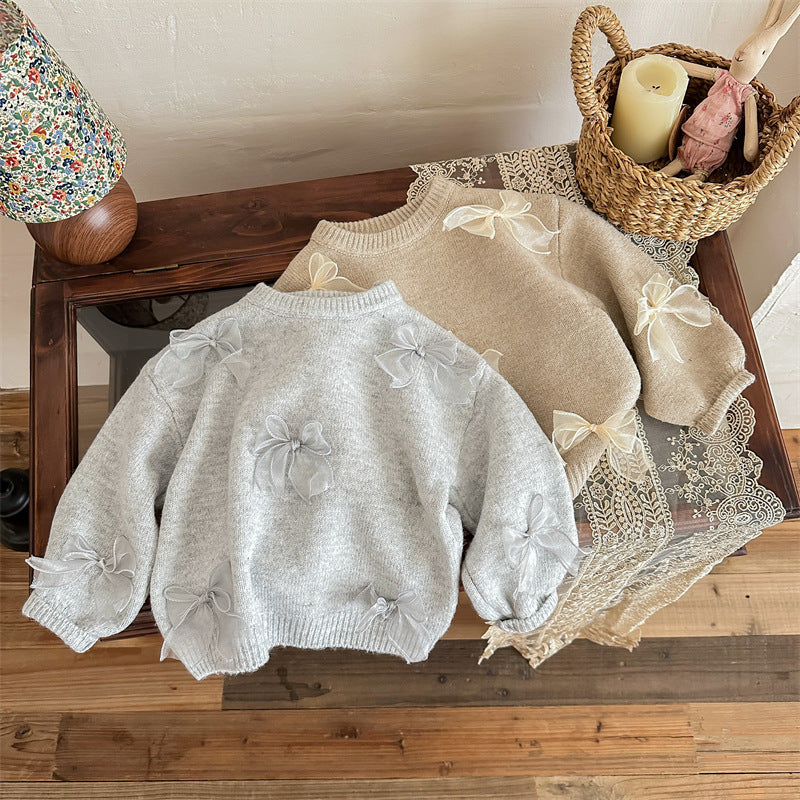 Three Little Tots Girl's Sweater Fashion Children's Bow Knitwear