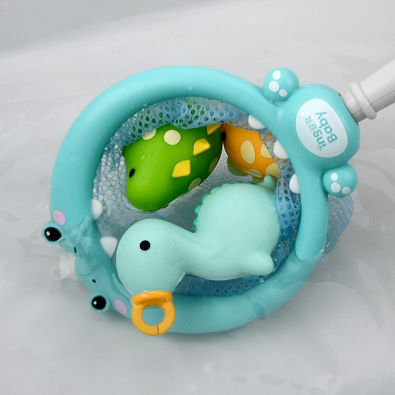 Three Little Tots Bath Toy Dinosaur Fishing Fishing Toy Can Spray Water Pinch Called Fishing Net, in Blue